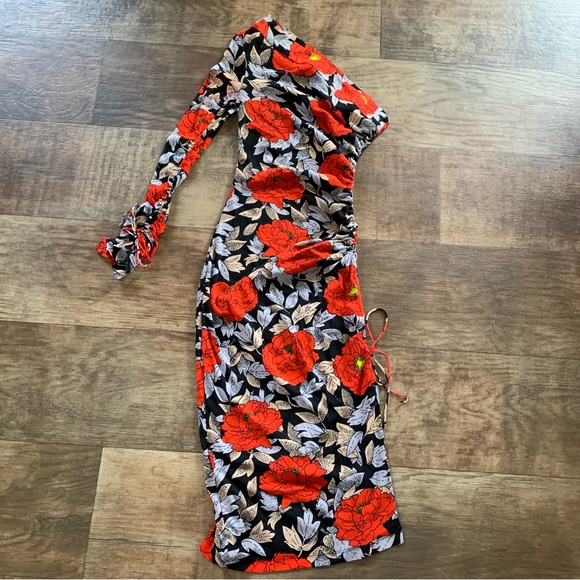 Diane Von Furstenburg single sleeve floral side tie ruched dress - Picture 3 of 9